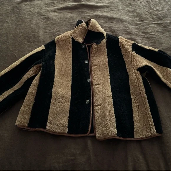CawleyStriped Shearling Avis Jacket in Black & Tan